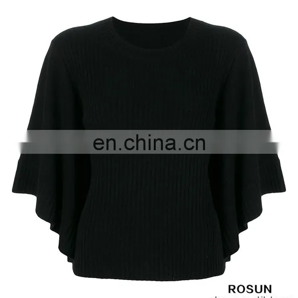 Women Crew Neck Cashmere Bat Sleeves Knitted Ribbed Top photo-3
