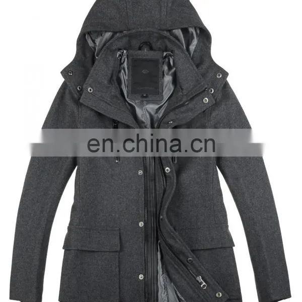 Lastest Fashion Mens Hooded Woven Wool Fabric for Winter Overcoat Long