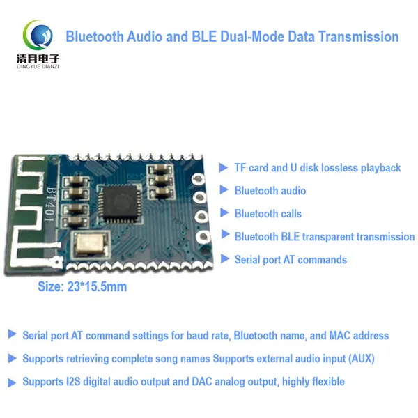 BT401 Bluetooth Audio Module 5.0 Передача данных BLE SPP Выход I2S Цифровой последовательный AT-управление USB TF-карта SPI Flash Воспроизведение Bluetooth-колонка DIY