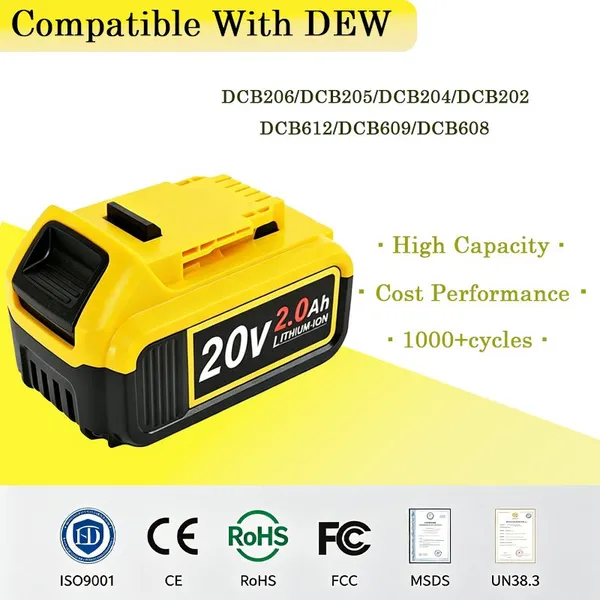 20V 5Ah Quick Charge Rechargeable Battery Pack, Electric Tool Replacement Battery Suitable for DEW DCB206 DCB205 Drill Tools