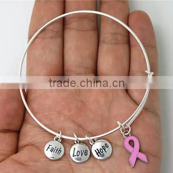 Fashionable Breast Cancer Awareness Bangle Faith Hope Love Charm Bracelet Wish Jewelry photo-3