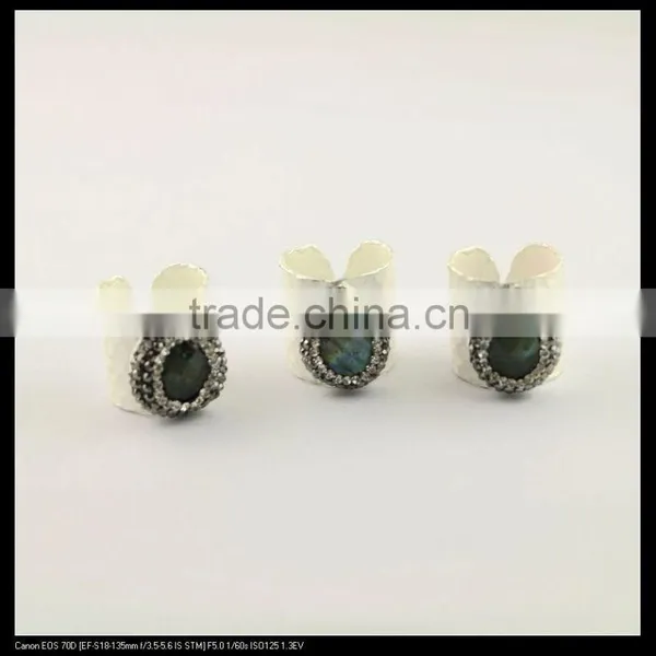 LFD-0019R ~ Silver Plated Natural Labradorite Crystal Rhinestone Paved Wide Rings Charm Labradorite Gemstone Finger Jewelry Ring photo-2