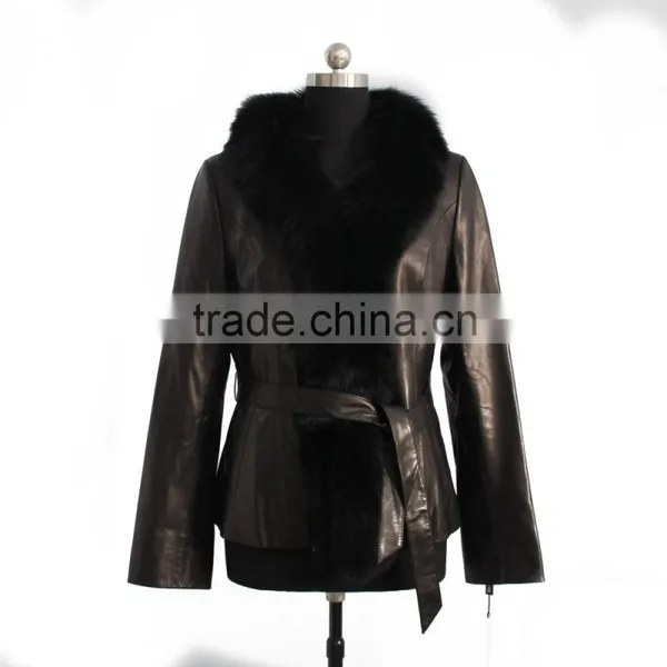 LO4 2016 Newest Fashion Design Sheep Leather Coat With Fox Fur Trim