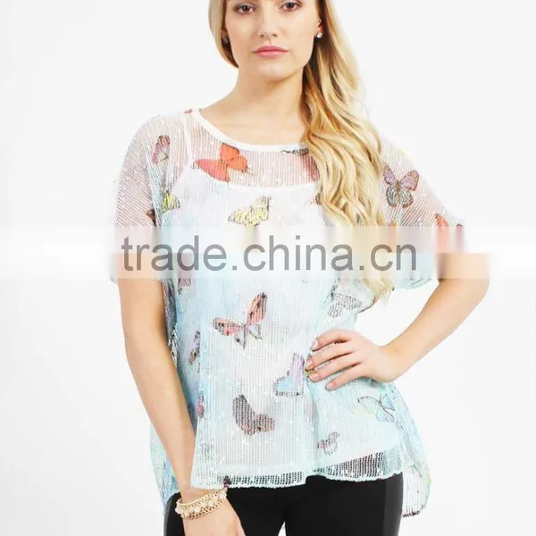 Bule Butterfly Print Woman Top,2016 New Design Top,lady Blouse photo-2