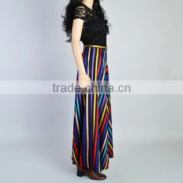 Fashion Summer High Waist Rainbow Color Viscose Chevron Stripe Maxi Skirt photo-3