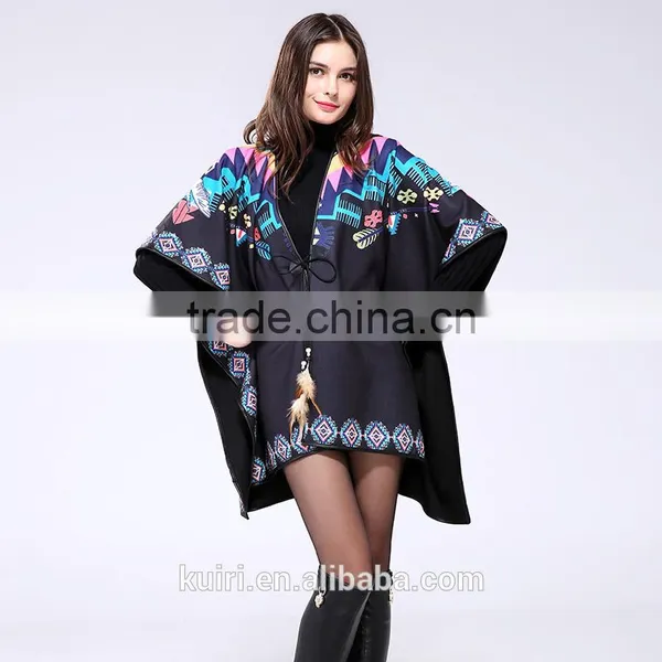 Brand Fashion Womens Autumn Winter Warm Flower Pattern Slit Wool Blend Plaid Blanket Cloak Poncho Cape Coat photo-5