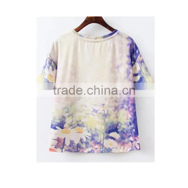 Fashion Flower Print T-shirt Short Sleeve Round Neck T-shirt for Ladies photo-2