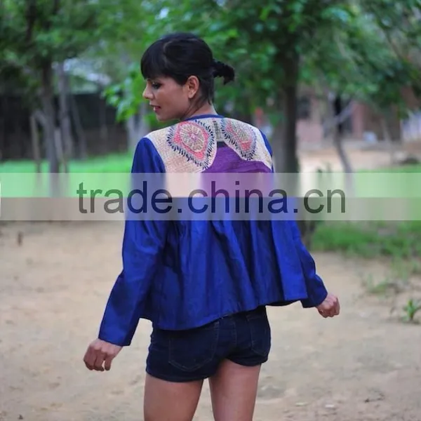 Denim Jacket in Kediyu Style With Vintage Kantha Fabric ~ Medium photo-2