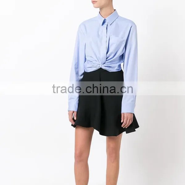 Twist New Design Plain Blue Blouse for Women Long Sleeve Shirt photo-5