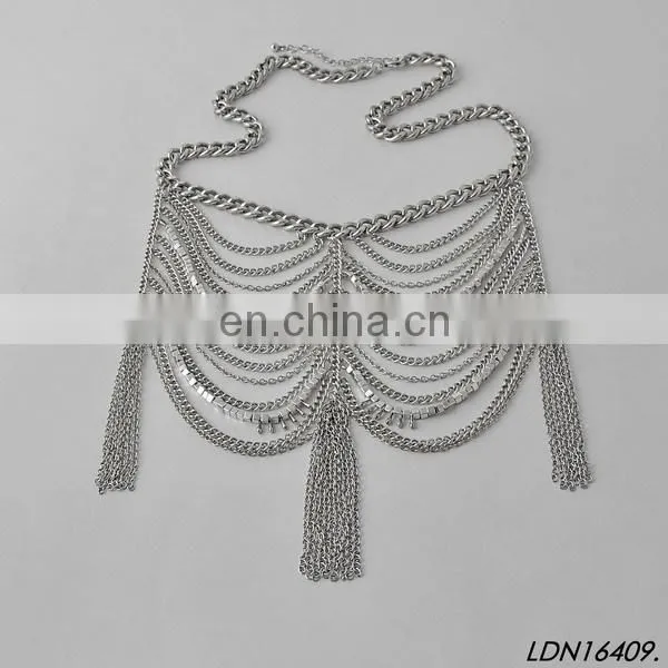 NEW WOMEN SILVER MULTI LAYERS TIE TUXIDO CHAINS WAVE METAL BODY JEWELRY photo-2