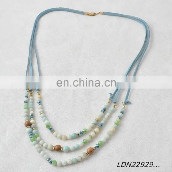 Bohemian Fashion Layered Light Blue Suede Necklace Amazonitel Stone Beaded Necklace photo-3