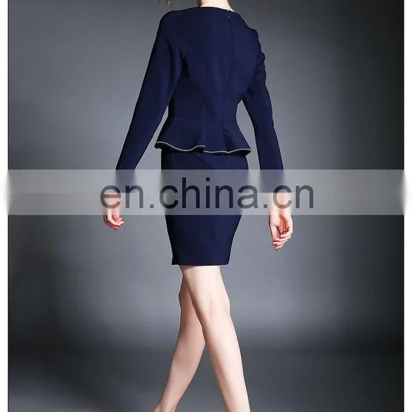 Ladies High Quality Navy Dress Above Knee, Peplum Waist Dress for Fall photo-5
