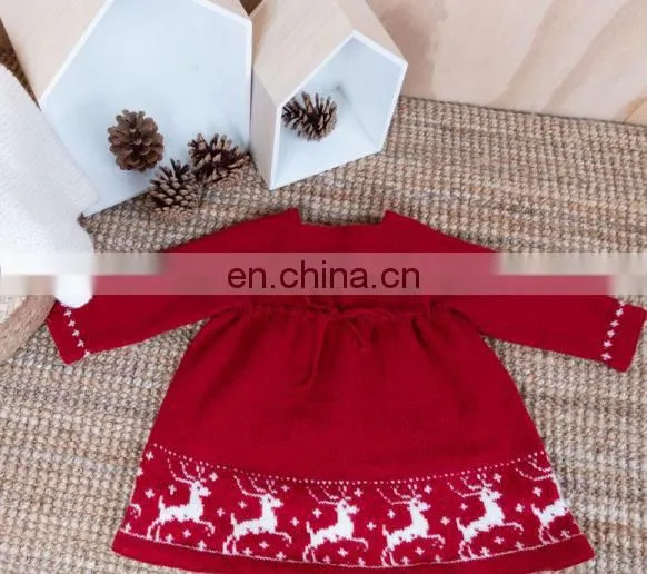 Long Sleeve Popular Design Red Knitted Dress Baby Girls Kids for Warm Winter