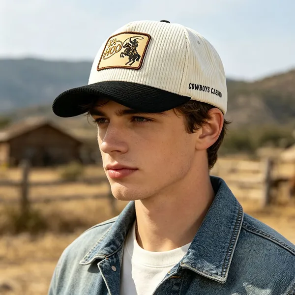 Corduroy Baseball Cap Two Tone Curved Visor Woven Patch Western Street Headwear Custom Logo