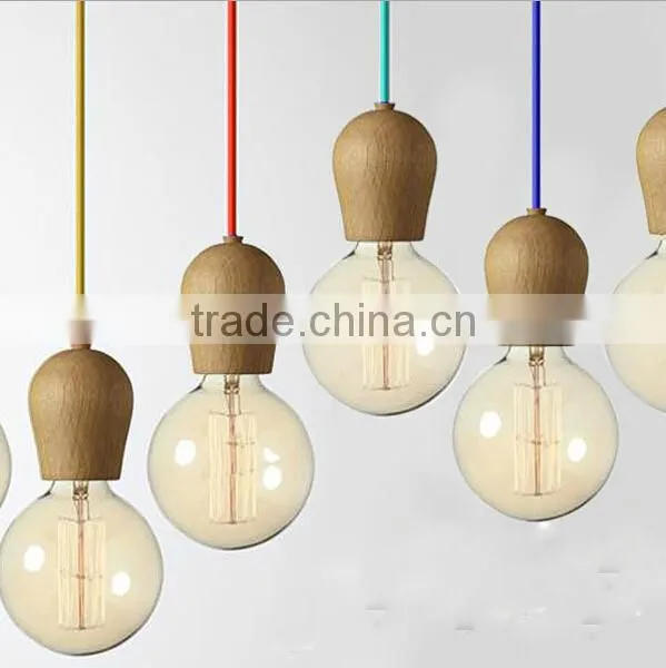 UL E27 Wood Outdoor Hanging Ball Lights With Fabric Copper Wire