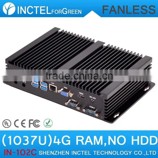Fanless Mini Industrial PC Computer Workstation with 2 COM 4 USB 3.0 Intel Celeron 1037u processor with 4G RAM Only