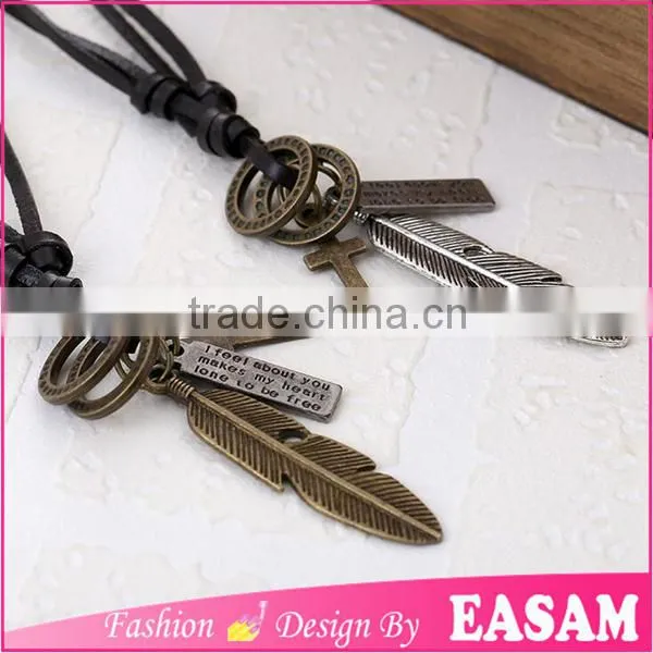 Factory Wholesale Vintage Genuine Leather Cord Necklace With Leaf Pendant photo-2
