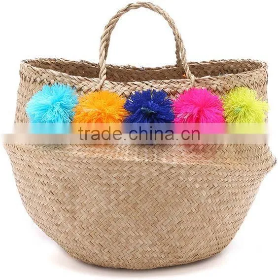 Colorful Pompom Seagrass Beach Bag With Handle photo-2