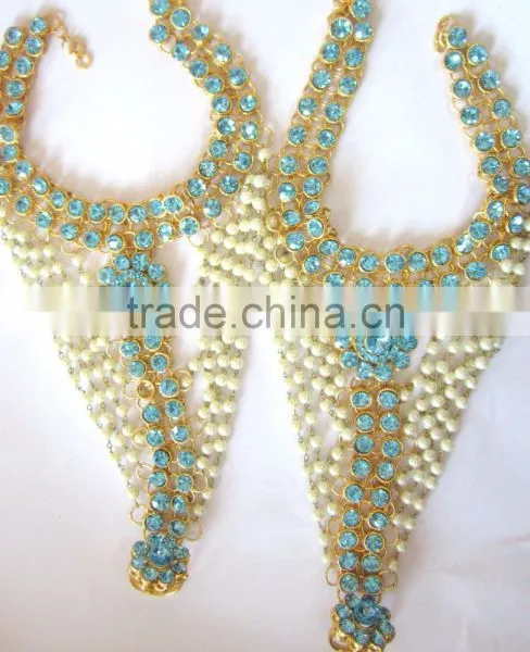 GOLD Tone TURQUOISE BLUE STONE Pearl PAYAL Anklets Toe Ring Barefoot Sandal photo-2