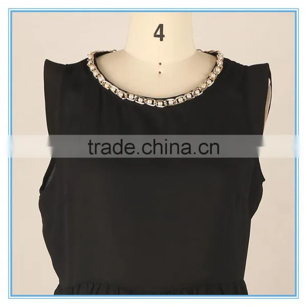 Ladies Chiffon Blouse Flounced Hem Pearl Beaded Neck Design Sleeveless Blouse photo-4