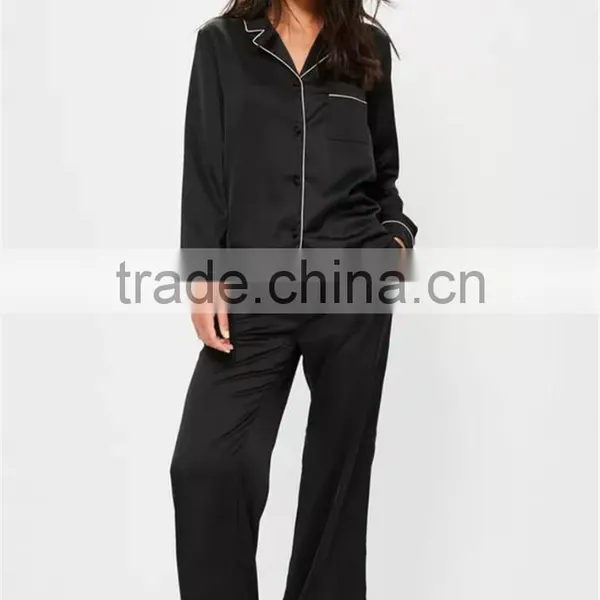 MGOO Custom Embroidery Logo Black Long Sleeves Long Pants Pyjamas Sets Piped Satin Silk Nightwear Sets photo-4