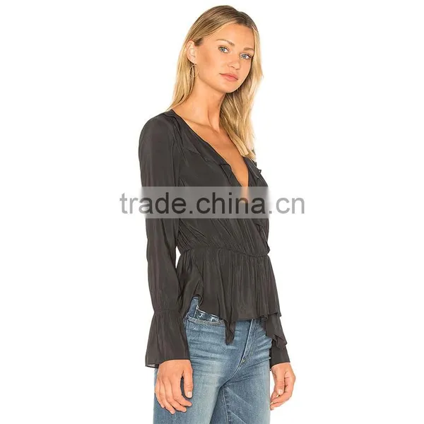 Frilled Wrap Design Chic Long Sleeve Black Peplum Blouse for Women photo-2