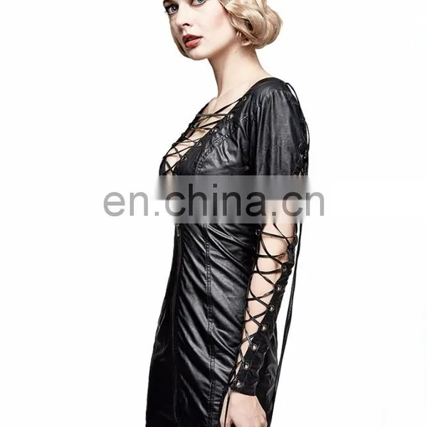 Punk Rave Gothic Fetish Black Slim Synthetic Leather Dress With Deep V-cuts Q-312 photo-5