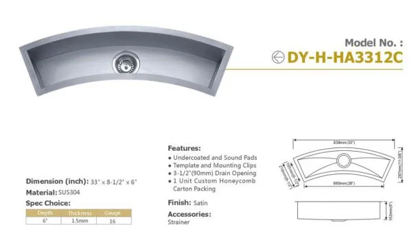 Guangdong Dongyuan Kitchenware Trough Undermount Stainless Steel Curved Bowl Bar/Prep Sink photo-2