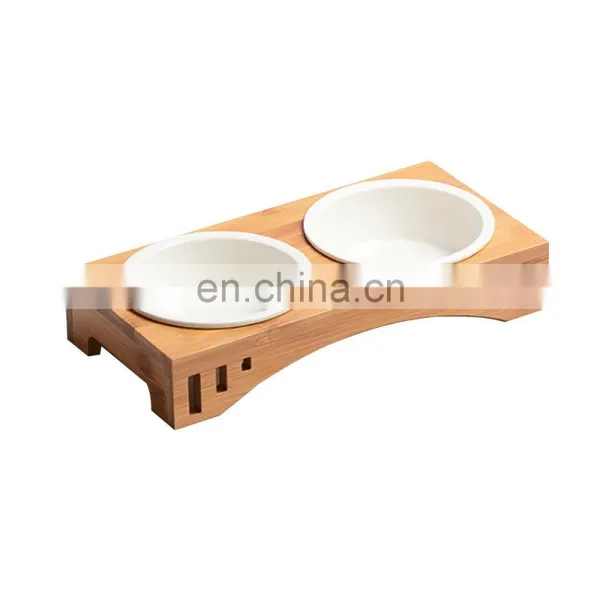 Bamboo Pet Table Oblique Stand With Ceramic Bowls