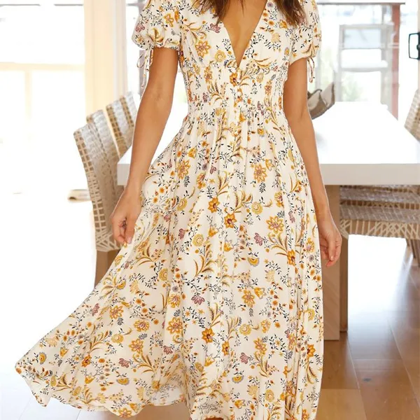 Womens Casual Summer Floral Print Shirred Waist Wrap Flowy Long Dress