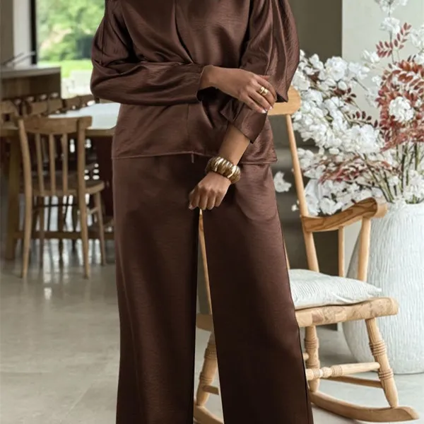 Brown Leopard High-Low Loose Tee Ankle Length Pants Set Dark Brown Braided V Neck Long Sleeve Loose Top and Drawstring High Waist Pants 2pcs Outfit photo-4