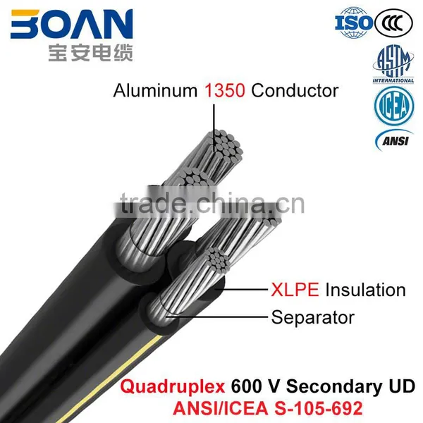 Quadruplex Secondary UD, 600 V Building Cable, Al/XLPE (ANSI/ICEA S-105-692)