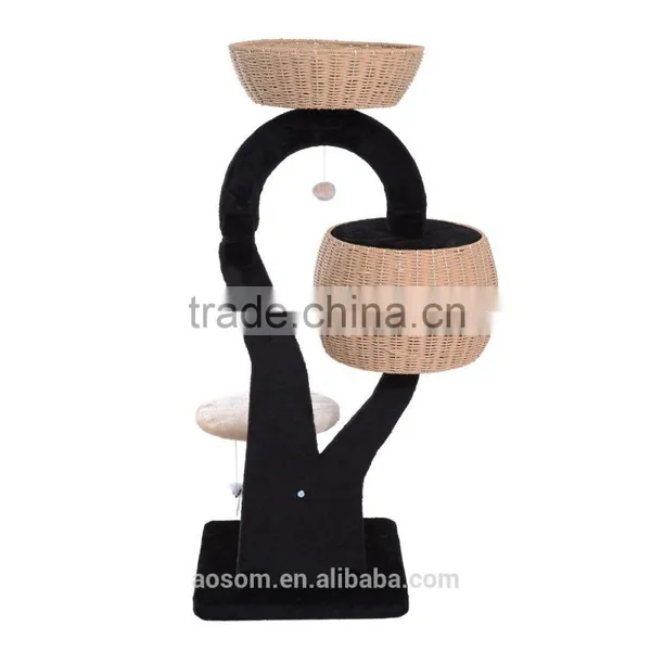 Pawhut 50" Cat Tree Tower With Woven Condo - Black/Beige photo-3