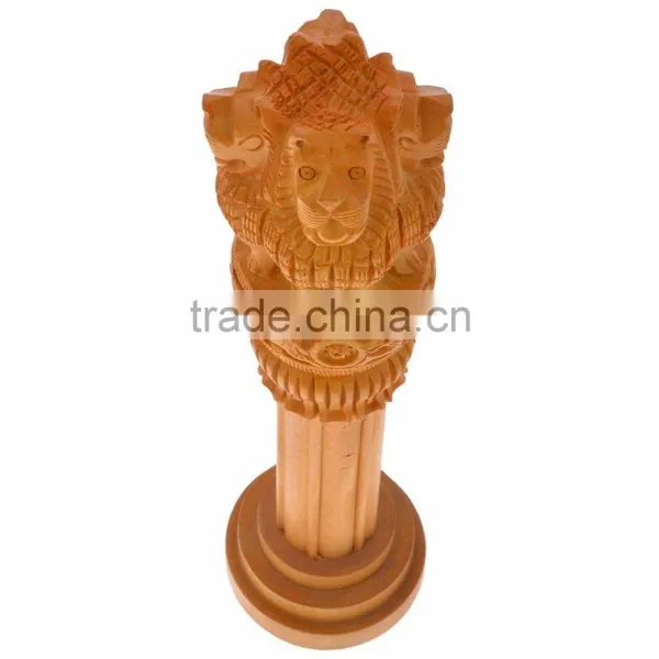 Handicrafts Wooden Ashok Ashoka Stambh Stoop Pillar National Emblem India Wood Carving Statue photo-4