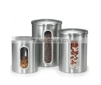 3 Pieces Stainless Steel Window Kitchen Canister Set photo-2