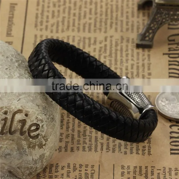 China Supplier Jewelry Silver Titanium Steel Punk Mens Rope Bangles Cow Leather Braided Cuff Bracelet photo-3
