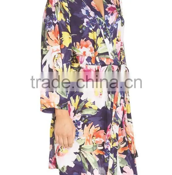 Floral Print Janpanese Kimono Style Robe for Women Long Sleeve Silk Kimono Robes Wholesale Custom Made photo-3