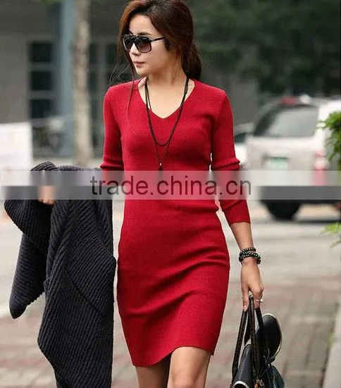OEM Ladies Fashion Long Sleeve V-neck Tight Knitting Woman Pullover Sweater Dress