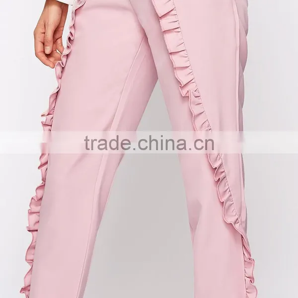 Frilled Women's Tailored Fitted Pants High Waist Pink Cropped Trousers photo-6