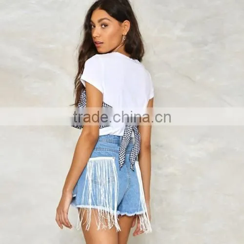 Mixed Fabric & Cotton Women Short Sleeve T-Shirts Different Size for Choice & False Two Piece Patchwork Plaid Black 85844 photo-2