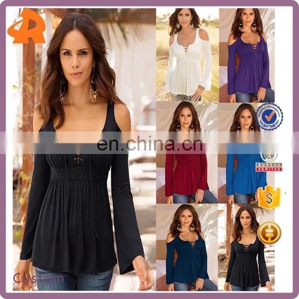 2017 Hot Selling Long Sleeve Spaghetti Strap Peplum Sexylady Blouse & Top With Cold Shoulder