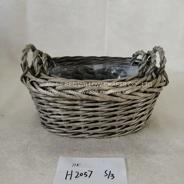 Grey Painted Willow Basket Of Different Shape With Ears And Clear Foil Inside photo-3