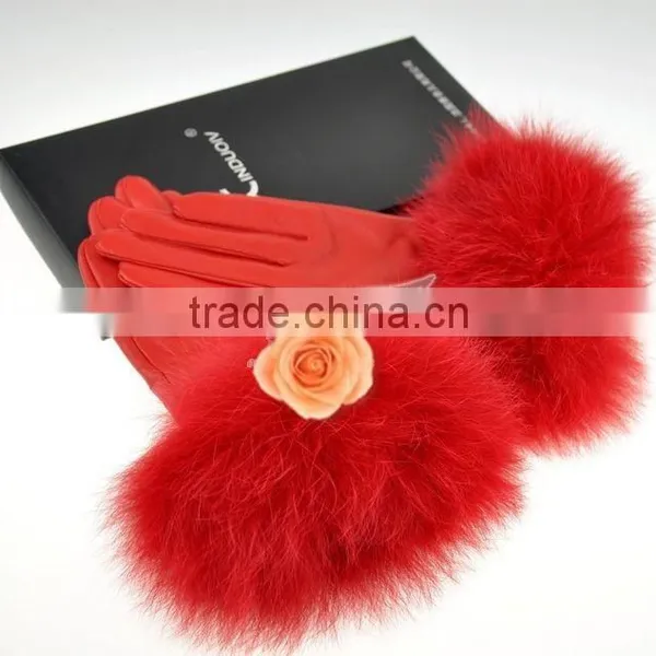 Cheap Cute Fashion Winter Warm Mittens Gloves Lamb Leather With Fox Fur Trimmings photo-6