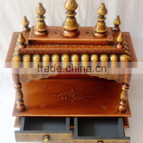 Hand Painted Copper Finish Wooden Temple With 2 Drawers photo-2