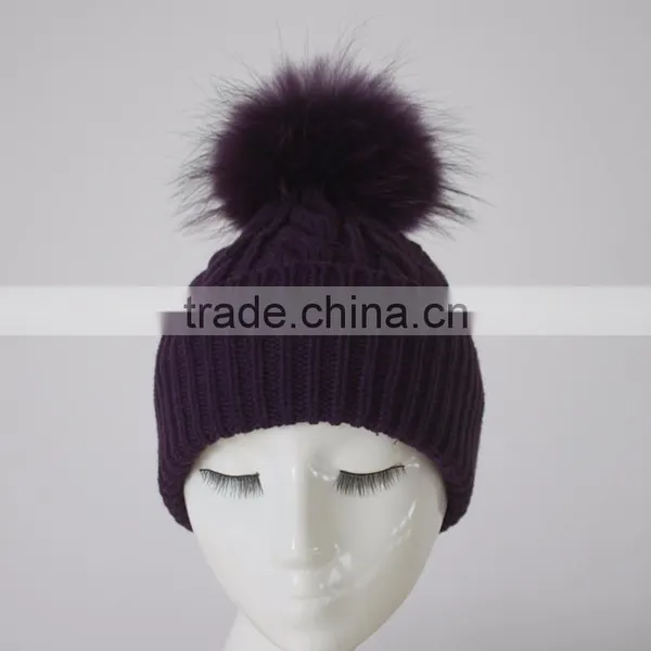 Myfur Raccoon Fur Pom Pom Knit Hat Winter Knit Hat With Top Ball photo-2