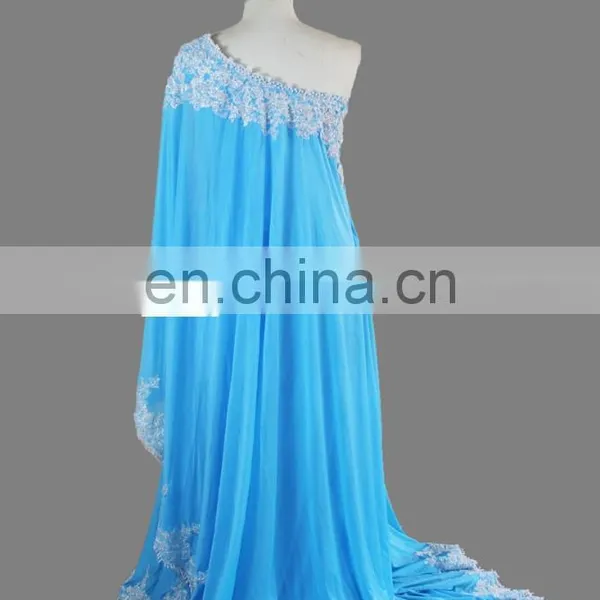 Fashion Blue One Shoulder Lace Hem Pearl Beads 2017 Plus Size Muslim Evening Dress photo-6