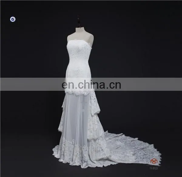 HMY-E0352 High Quality Franch Lace Fabric Bodice Sheer Skirt Lace Hem Latest Sample Wedding Dress 2016 Detachable Long Train photo-2