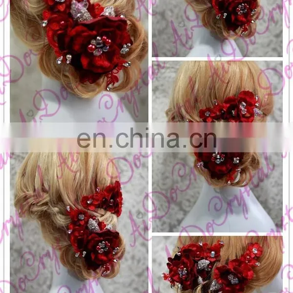 Aidocrystal Red Bridal Wedding Hairpiece,red Flower With Pearl Bridal Hair Flower Accessories, Hair Clip photo-3