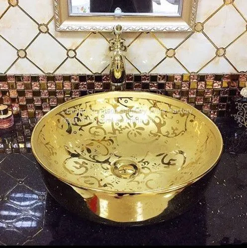 China Ceramic Bathroom Sanitary Ware Rectangle Single Hole Golden Art Luxury Table Top Wash Art Basin photo-5
