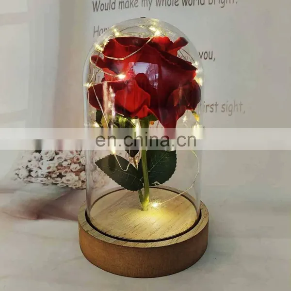 Red Rose And Copper Wire String Light In Flower Glass Dome Cover With Wood Base For Valentine's Day Wedding Decoration photo-4